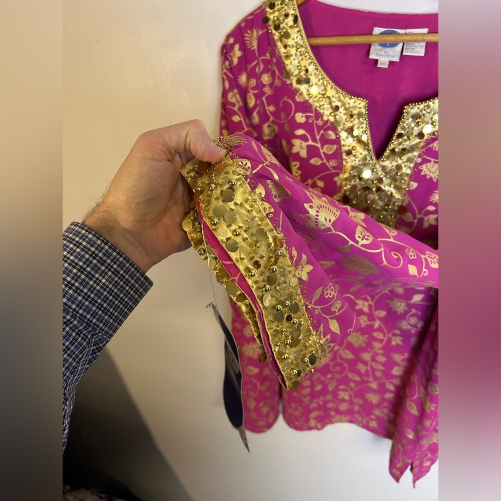 NWT VTG Diane Gilman Fuchsia and Gold Floral Tunic Beaded Blouse Size 2X Floral - Picture 11 of 16